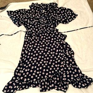A navy floral wrap dress